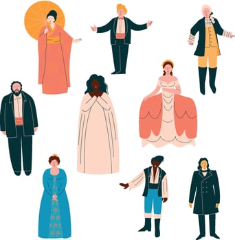 Opera Singers Set, Male and Female Singers in Elegant Clothing Performing on Stage Illustration vector