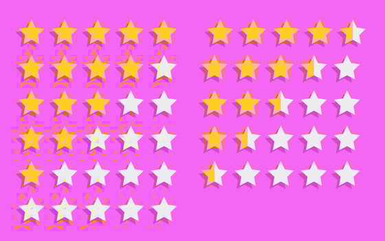 Isolated modern illustration of a star rating system. Five-star rank icon set suitable for websites and consumer review platforms. Collection stars with shadow on pink background. vector