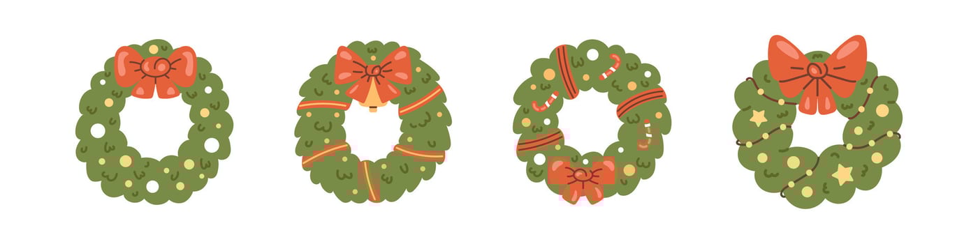 set of Christmas wreaths collection featuring holly, pine twigs, and festive decorations. Illustration of wreaths for winter celebrations and holiday greetings. Christmas and New Year design. vector