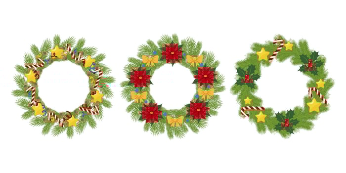 Collection of festive Christmas wreaths adorned with pine branches, red poinsettias, candy canes, golden stars, and holly berries. Design for greeting card, invitation, poster, and banner. vector