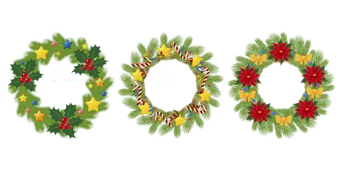 Christmas wreaths featuring traditional holiday elements like poinsettias, candy canes, holly leaves, and star ornaments on white background. Design for greeting card, invitation, poster, and banner. vector