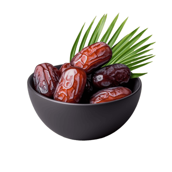 Bowl of dates with palm leaves on transparent background png