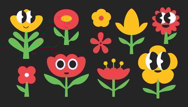 Set of Flower badge. Floral label trendy groovy design cartoon style. vector