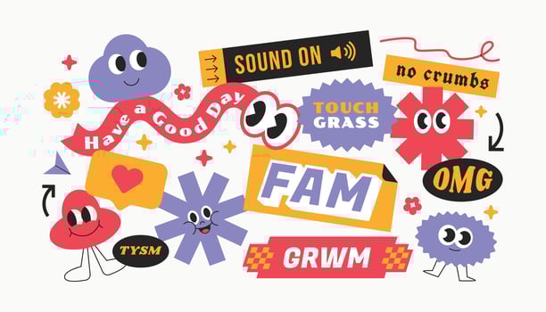 Funny and groovy trendy stickers. Cartoon character 90s Gen z and millenials slang word. vector