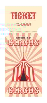 Colorful red vintage circus ticket. Striped circus tent, decorative text circus, ticket and more. Vertical flat illustration on white background vector