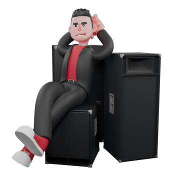 Choreographer Character in 3D Animation. A male choreographer sits at the speaker with his back against it and both hands above his head, with a relaxed expression. Dance Creator png