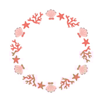 Round sea frame with shells and corals. Red corals and white background. For postcards and posters. illustration. vector