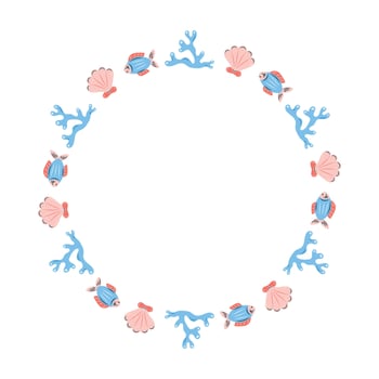 Round sea frame with fish shells and corals. Blue coral and fish and white background. For postcards and posters. illustration. vector