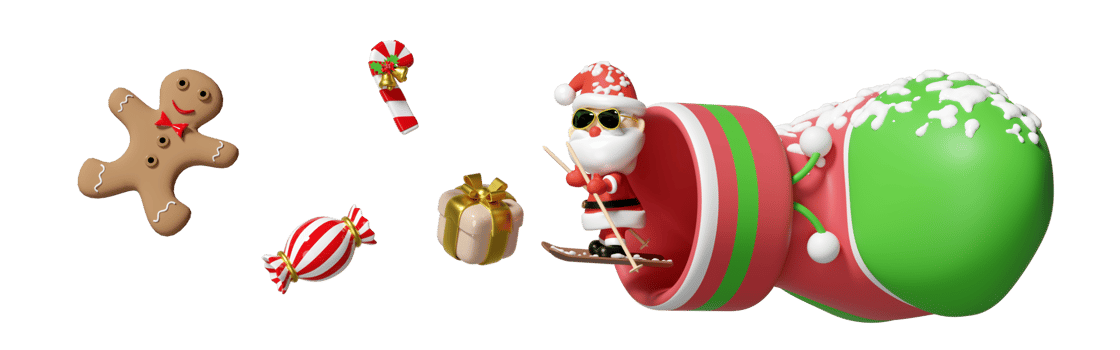 Santa Claus sunglasses skiing with Socks, Gingerbread man, Candy cane, Gift box isolated. merry christmas and festive new year holiday travel concept, 3d illustration render png