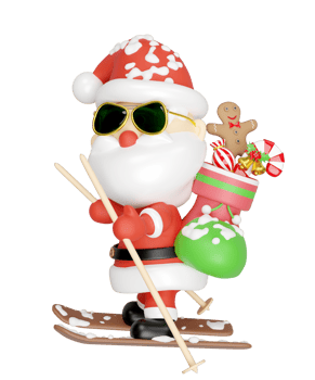 Santa Claus sunglasses skiing with Socks, Gingerbread man, Candy cane isolated. merry christmas and festive new year holiday travel concept, 3d illustration render png
