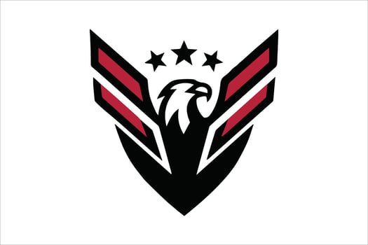 Minimal line eagle logo with wing, falcon, star, and shield in ribbon design vector