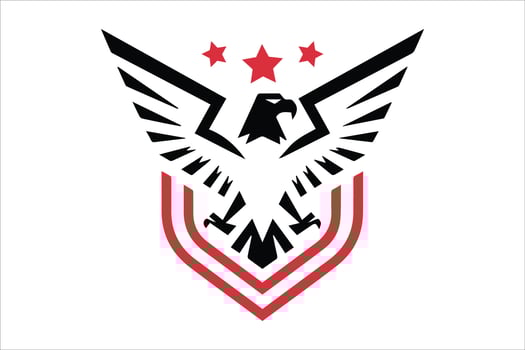 Minimal line eagle logo with wing, falcon, star, and shield in ribbon design vector
