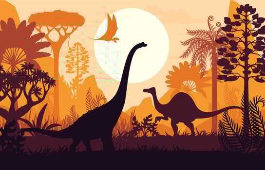 Dinosaurs silhouettes at Jurassic sunset landscape vector