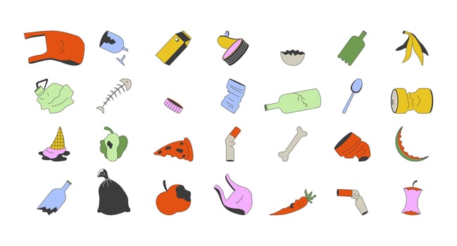 Rubbish waste management 2D cartoon objects set. Garbage sort. Recycling pollution. Litter segregation trash isolated elements flat cliparts on white background. Spot illustrations collection vector