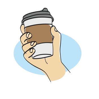 closeup hand holding disposable coffee cup illustration hand drawn isolated on white background vector