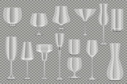 Glass goblets set elements in flat graphic design. Collection of realistic clear transparent glassware for wine, martini, whiskey, champagne and other festive event beverages. illustration. vector