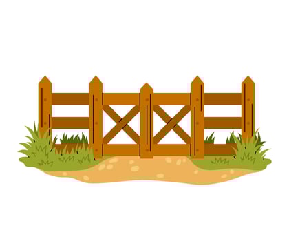 Wooden fence with gate. Entrance to ranch or farm with grass. Garden barrier and door with wooden parallel boards. Flat illustration. vector