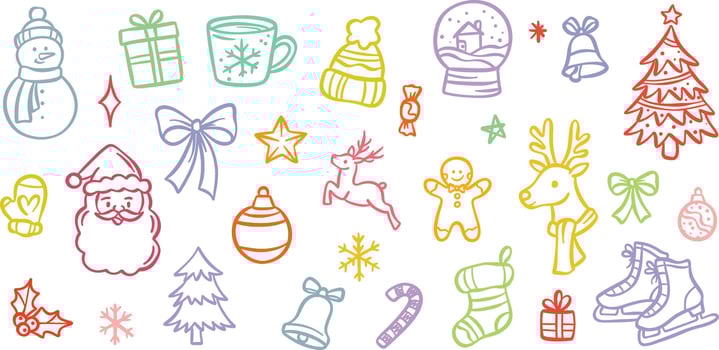 Colorful Christmas doodle illustration set, cute cartoon line art clip art collection, festive holiday designs vector