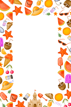 Vertical summer border frame. Summer hand drawn card. Summer holiday beach, travel, beach, summertime accessory. Cocktails, ice cream and exotic fruits. Cartoon draw on isolated png