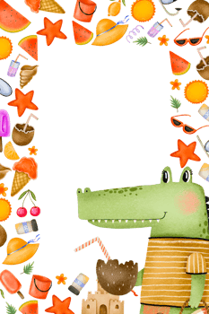 Vertical summer border frame with crocodile. Summer hand drawn card, holiday beach, travel, beach, summertime accessory. Cocktails, ice cream and exotic fruits. Cartoon drawing on isolated png