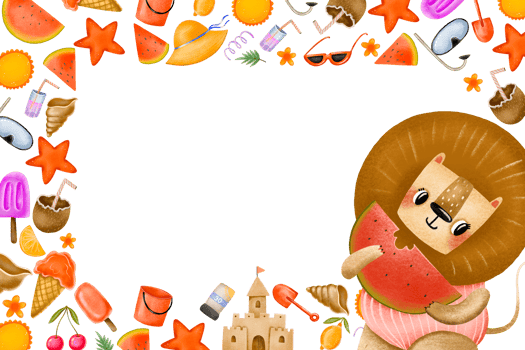 Horizontal summer border frame with lion and watermelon. Summer hand drawn card, holiday beach, travel, beach, summertime accessory. Cocktails, ice cream and exotic fruits. Cartoon drawing png
