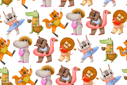 Summertime pattern. Animals on beach. Bear and flamingo float, crocodile, squirrel diver, hippo, lion and bunny surfer. Summer holidays, vacation. Hand drawn spripe background. Endless png