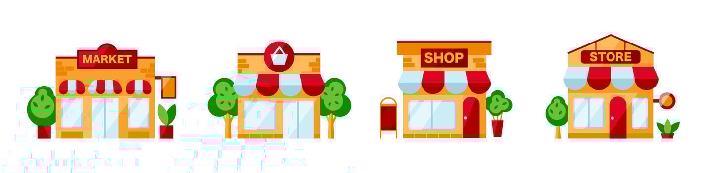 Flat Style Icons of Small Retail Buildings, Market, Shop Exteriors with Trees vector