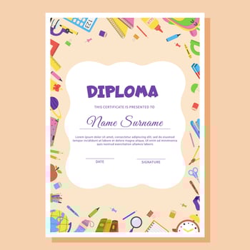 School diploma, certificate template with school supplies. vector
