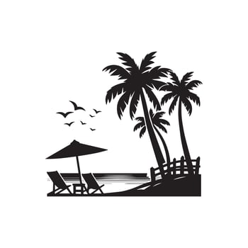 A black and white silhouette of a beach with palm trees and chairs vector