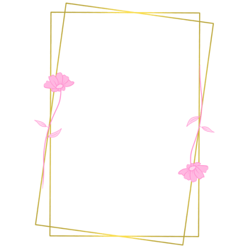 Golden rectangle frame with pink flowers png