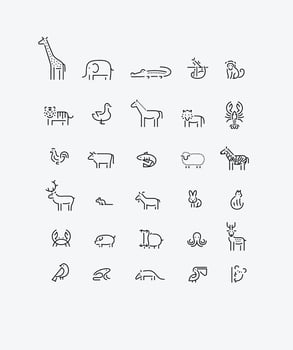 Animals collection giraffe, elephant, crocodile, sloth, tiger, cheetah, bird, horse, lion, lobster, parrot, bull, fish, sheep, zebra, deer, squirrel, goat drawing with black on beige background vector