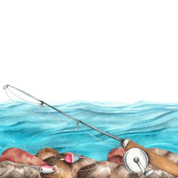 River bank. Blue water and pebbles. Fishing rod, a bobber and a fishhook. Fishing clipart. Hand-drawn watercolor png