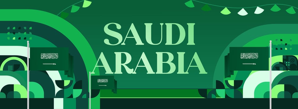 Green geometric banner design illustration with Saudi Arabian flag, ideal for Independence Day promotion, greeting cards, and marketing materials at national events. vector