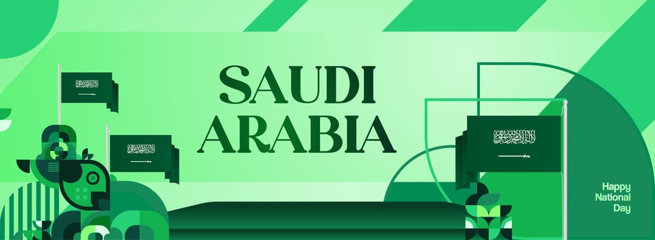 Green geometric banner template design with Saudi Arabia flag, perfect for big events, flyers, and National Day celebration promotional materials. vector