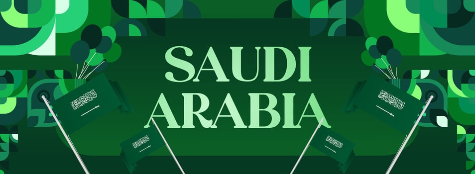 Saudi Arabian National Day banner design combining modern green background and geometric elements, perfect for outdoor advertising, billboards, or promotional materials. vector