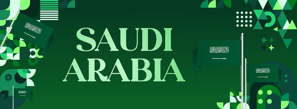 Modern banner illustration with green geometric background and Saudi Arabian flag, perfect for various National Day celebration purposes, from posters to important event promotions. vector