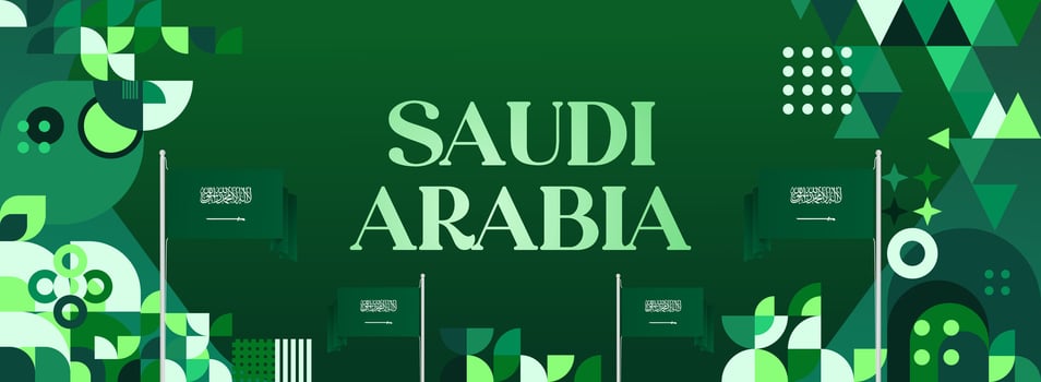 Banner illustration with green geometric theme and Saudi Arabian flag, perfect for cultural festivals, community events, or other big celebrations. vector