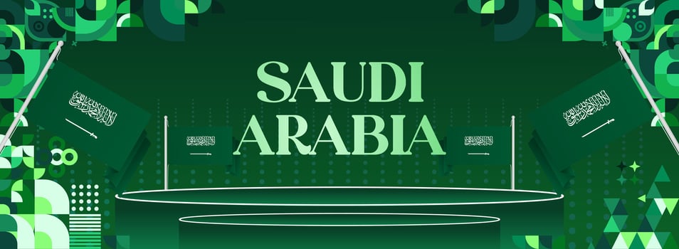 Wide banner with green geometric design and Saudi Arabia flag, ideal for event promotions, music festivals, and National Day advertisements. vector