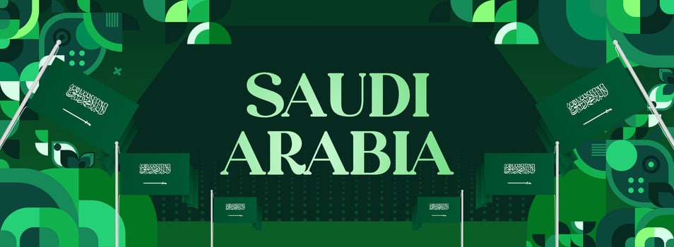 Saudi Arabian National Day banner with green geometric elements and country flag, perfect for use on stage of big events or as digital advertising media. vector