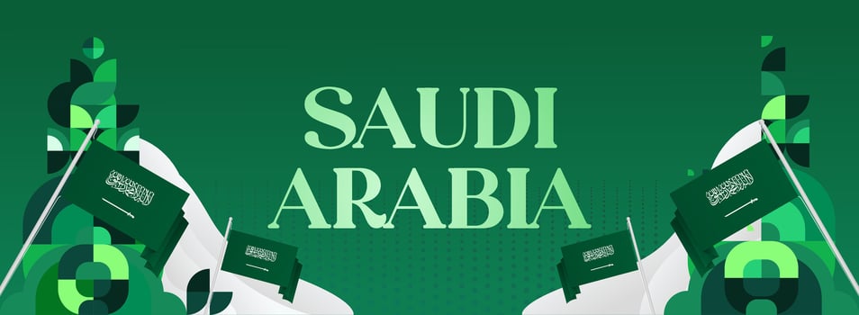 Saudi Arabia Independence Day banner with green geometric design and country flag, can be used for promotions, big events, and National Day advertisements. vector