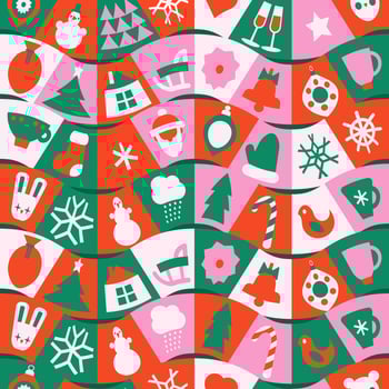 Merry Christmas checkered geometric wavy seamless pattern. Decorative mosaic elements, ornamental square tiles, minimal holiday icons. Flat illustration. Gift box packaging design. vector