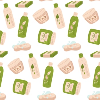 pattern of bathroom accessories. Shampoo, conditioner, soap, scrub, mask. Cosmetic accessories. Bottles for hygiene. The texture of cosmetic accessories in bottles. Cosmetic decor green, beige simple vector