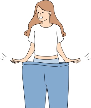 Happy woman lost weight smiles while trying on large size pants and rejoices at progress. Thin lady got rid of waist fat and cellulite thanks to successful diet or fitness training png