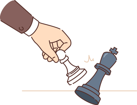 Hand of chess player knocking down king with pawn symbolizes skills of strategic actions in business. Grandmaster plays chess, putting check to opponent who made mistake and lost game png