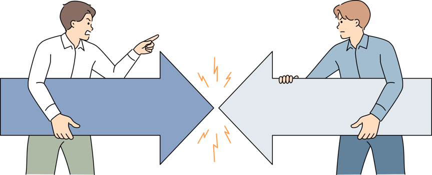 Confrontation business people arguing about company strategy and holding arrows pointing in different directions. Confrontation of office clerks experiencing aggression due to lack of command in team png