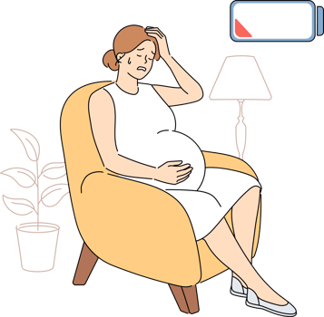 Pregnant woman feels beginning of contractions and end of strength, sitting in home chair waiting for aid. Pregnant girl sweats or cries due to hypersensitivity and difficult upcoming births png
