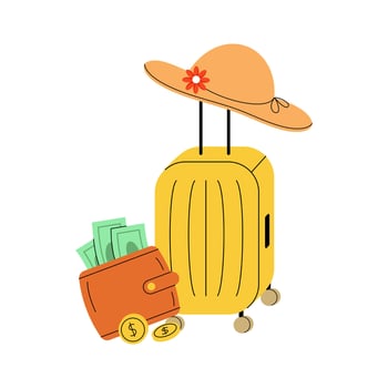Travel, tourism, vacation concept. Suitcase, wallet, hat. Flat illustration isolated on white background vector