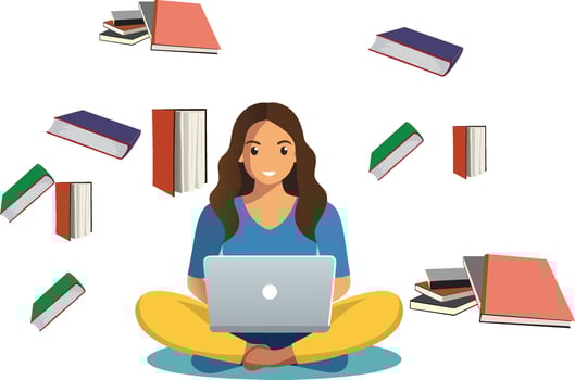 A woman sitting on the floor with a laptop and books around her vector