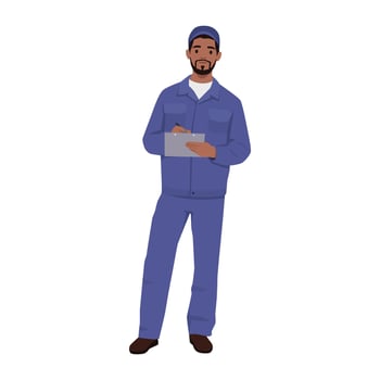 Auto mechanic worker in a uniform standing and writing a document. vector