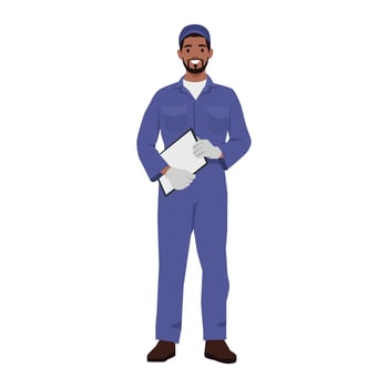 Young automechanic standing with a clipboard. vector